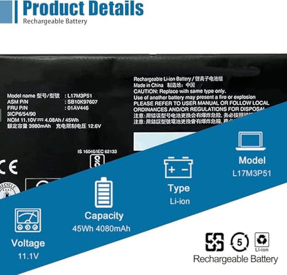 L17M3P51 01AV446 Laptop Battery 11.1V Replacement for Lenovo ThinkPad E480 E485 E495 E580 E585 Series Notebook SB10K97607 L17C3P51 SB10K97609 01AV448 L17M3P52 01AV447 L17L3P51 01AV445 - size: 6.54*3.74*0.24 inch L17M3P51