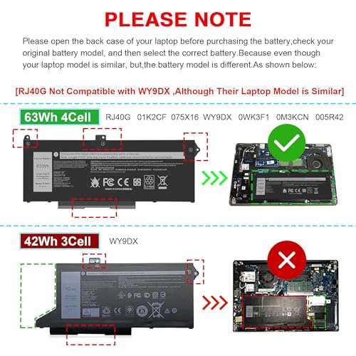 RJ40G 63Wh Laptop Battery Replacement for Dell Latitude 14 5420 Latitude 15 5520 Precision 15 3560 Series Laptop 01K2CF 075X16 WY9DX P137G P137G001 P104F P104F001 0WK3F1 0M3KCN 005R42 15.2V - size: 9.37*3.74*0.23inch RJ40G