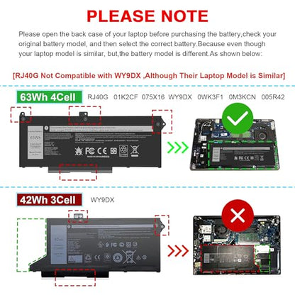 RJ40G 63Wh Laptop Battery Replacement for Dell Latitude 14 5420 Latitude 15 5520 Precision 15 3560 Series Laptop 01K2CF 075X16 WY9DX P137G P137G001 P104F P104F001 0WK3F1 0M3KCN 005R42 15.2V - size: 9.37*3.74*0.23inch RJ40G