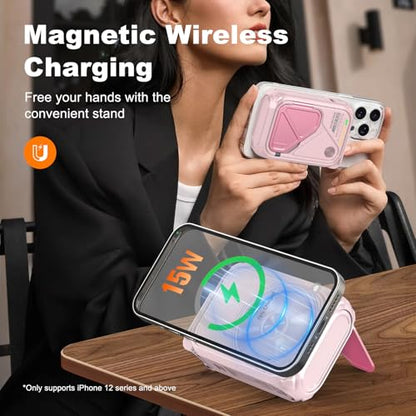 SEANCHEER P05 Portable Charger, Magnetic Power Bank, Small PowerBank, Battery Pack10000mAh Travel Essentials Fast Charging with Built in Cable, Foldable Wall Plug for iPhone,Samsung,Andriod (Pink) - color: Pink