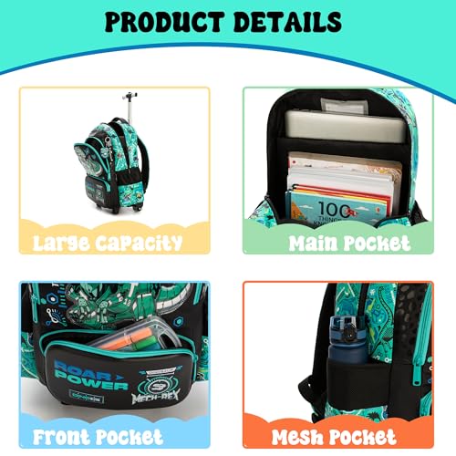 Meetbelify Boys Rolling Backpack with Wheels for Elementary Preschool Students Kids Travel Luggage Carry on Backpack for Boys Ages 6-8 Dinosaur - color: 02 Dinosaur