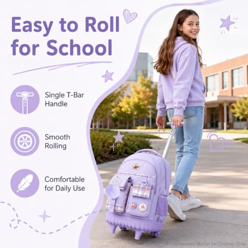 AGSDON Rolling Backpack for Girls, 21" Women Roller Wheels Bookbag, Laptop Wheeled Suitcase School Backpacks with Lunch Bag for Teens - color: Square Purple