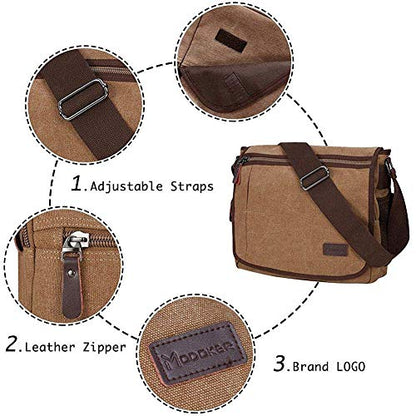 Modoker Messenger Bag for Men, 13 Inches Laptop Satchel Bags, Canvas Shoulder Bag with Bottle Pocket - color: Brown