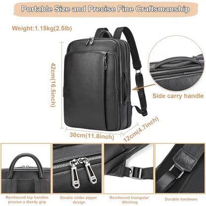 Men's Genuine Leather 15.6 Inch Laptop Backpack, Multi Compartment Business Travel Daypack for Daily Commute Office Work Professional Use - color: 21y-black