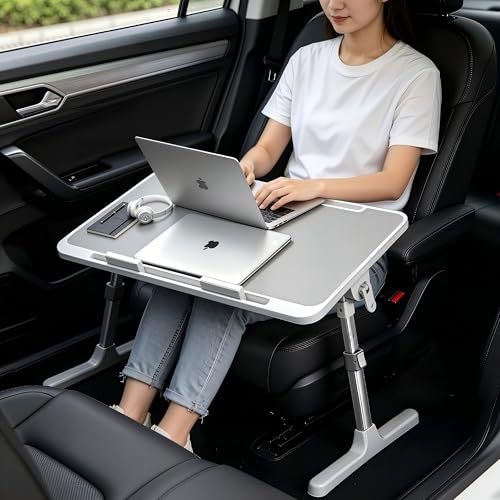 Large Car Seat Tray Table, 22.5"×12.6" Foldable Travel Table in Car, Height Adjustable Lap Bed Desk for Laptop, Rear Seat Eating Writing Tray with Slot, Car Travel Essentials for Long Trips, Grey