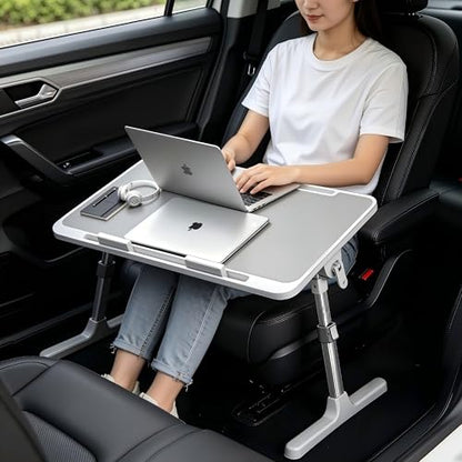 Large Car Seat Tray Table, 22.5"×12.6" Foldable Travel Table in Car, Height Adjustable Lap Bed Desk for Laptop, Rear Seat Eating Writing Tray with Slot, Car Travel Essentials for Long Trips, Grey