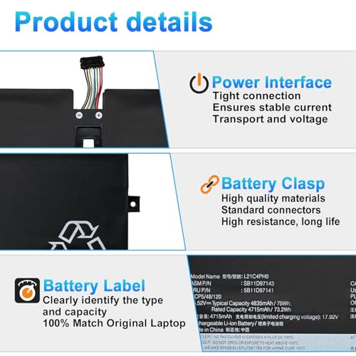 L21C4PH0 L21D4PH0 L21B4PH0 Battery Replacement for Lenovo IdeaPad Yoga 9-14IAP7 Type 82LU, Yoga 9-14IRP8 Type 83B1 Series 83B10006TW 82LU0007SB SB11D97136 5B11D97137 15.52V 75Wh | Yoga 9-14IRP8 Type 83B1 Series L21B4PH0 83B10006TW 82LU0007SB SB11D97136 5B