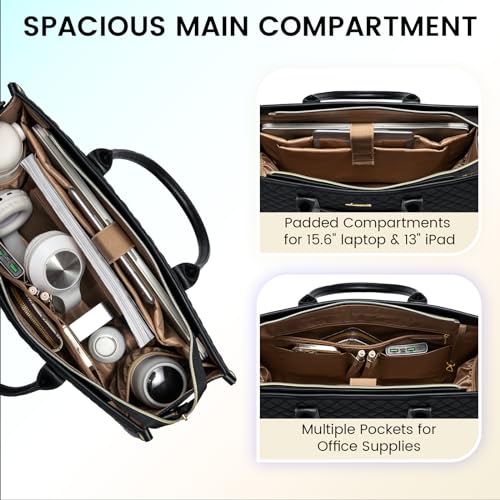 LOVEVOOK Laptop Bags for Women, 15.6 inch Waterproof Work Tote Bag with Clutch, Professional Teacher Computer Purse Lightweight Shoulder Bag Travel, Quilted Black | Canvas Quilted Computer Purse with Shoulder Strap&Clutch, Professional Teacher Handbag Off