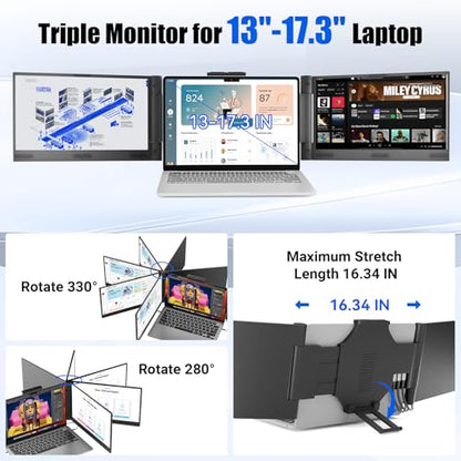 Laptop Screen Extender 14 inch Laptop Monitor Extender 1080P IPS, Triple Portable Monitor for Laptops 13-17.3" with USB-C DP/HDMI Port, Plug-Play Portable Screen for Windows/Mac/Chrome/Android