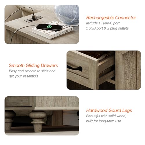 WAMPAT Gray End Table with Charging Station, Wooden Side Table with 1 Drawer &1 Storage Cabinet, Mid Century Modern Nightstand with Power Outlets & USB Ports for Living Room, Bedroom - color: Grey