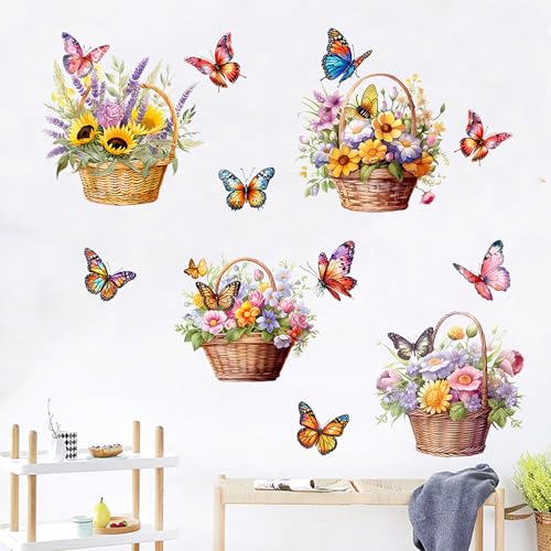 Flower Basket Butterfly Wall Stickers Bedroom Bathroom Restroom Cistern Nursery Decor DIY Removable Bouquet Toilet Seat Lid Decals 4 Pcs (Yellow) - color: Yellow