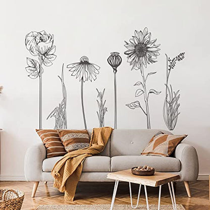 Black Simple Flower Plant Wall Decals, 2 Sheets Large Boho Floral Modern Wall Stickers Peel Stick Sketch Wildflower Wallpaper Art Decor for Bedroom Living Room Office Gifts for Mom(11.8x35.4 in/Sheet) - style: Black Simple Flower Set
