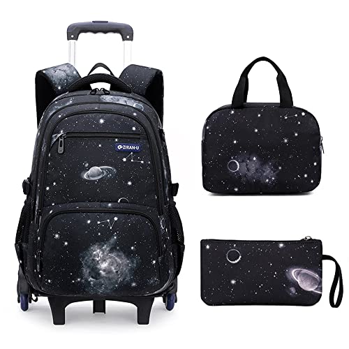 Mildame Galaxy Print Rolling Backpack for School Boys Girls with Lunch Bag Teens Bookbag with Wheels Kids Trolley Bag Set, Six Wheels - color: Black Starry Sky Set-6 Wheels