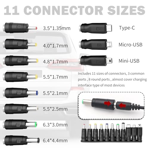 12V Car Charger Kit with DC 5V Power Cable,12V Cigarette Lighter Plug DC 5.5 * 2.1mm Includes USB Cable,11 Connectors,Universal Car Charger Adapter for GPS,DVD Player,Camera