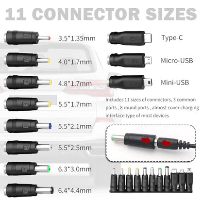 12V Car Charger Kit with DC 5V Power Cable,12V Cigarette Lighter Plug DC 5.5 * 2.1mm Includes USB Cable,11 Connectors,Universal Car Charger Adapter for GPS,DVD Player,Camera
