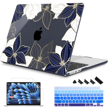 Mektron for 2026/2025/2024/2023 MacBook Air 15 INCH M5 A3448 /M4 A3241 /M3 A3114 /M2 A2941 Case, Printed Plastic Hard Shell Cover with 15.3" Liquid Retina Display Touch ID, Gold line Lily - color: Gold line lily