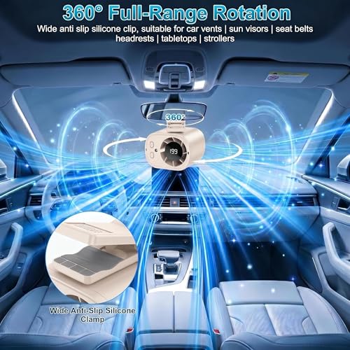 Car Clip On Fan,Portable Cooling Fan for Car with LED Display,360° Rotating Mini Fan,199 Speed Settings,USB Rechargeable 1500mAh Backseat Fan for Cars Without AC, Stroller,Office, Camping - color: Beige