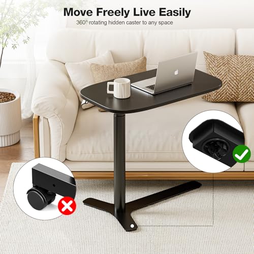 Muvai Overbed Bedside Table with Hidden Casters,30 Inches Adjustable Height Pneumatic Mobile Laptop Standing Desk, Rolling Computer Table for Home & Hospital Use ，Black 30" W x 17.7" D - color: Black