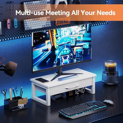 Desk Organizers and Accessories, Computer Monitor Stand Riser with Drawer, White Laptop Stand for Desk with Storage, Office Organization, Wood