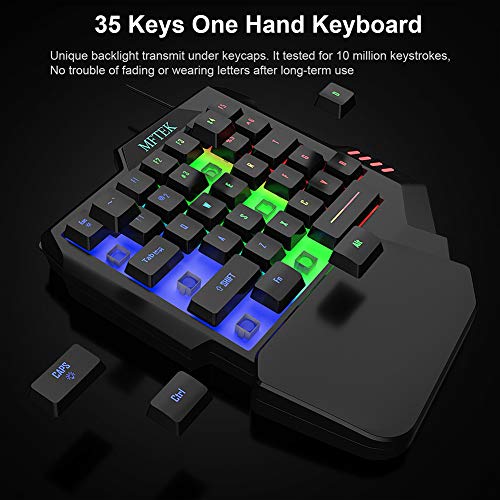 MFTEK One Hand Gaming Keyboard and Mouse Combo, RGB Rainbow Backlit One-Handed Mechanical Feeling Keyboard with Wrist Rest Support, USB Wired Keyboard Mouse and Mouse Pad Set for PC PS4 Gamer
