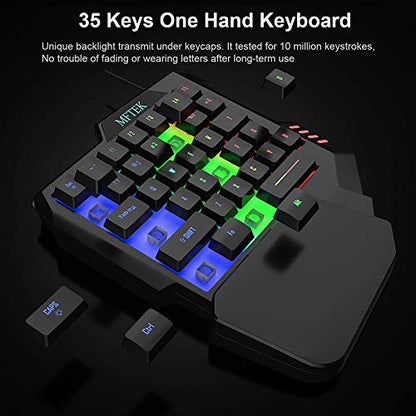 MFTEK One Hand Gaming Keyboard and Mouse Combo, RGB Rainbow Backlit One-Handed Mechanical Feeling Keyboard with Wrist Rest Support, USB Wired Keyboard Mouse and Mouse Pad Set for PC PS4 Gamer