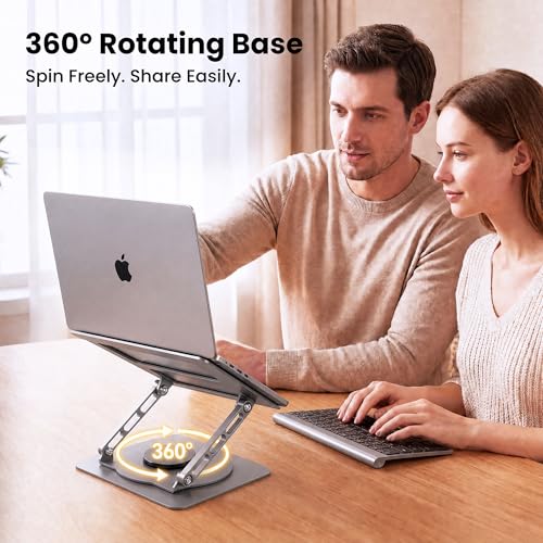 Aluminum Laptop Stand for Desk, Heavy Duty Computer Stand with 360° Rotating Base, Ergonomic Adjustable Height Notebook Riser, Compatible with MacBook Pro/Air, Dell, HP, 10-17” Laptops - Grey - color: Space Gray