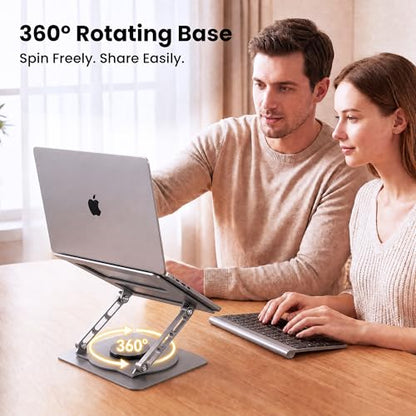 Aluminum Laptop Stand for Desk, Heavy Duty Computer Stand with 360° Rotating Base, Ergonomic Adjustable Height Notebook Riser, Compatible with MacBook Pro/Air, Dell, HP, 10-17” Laptops - Grey - color: Space Gray