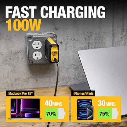 DEWALT 2 Port 100W USB C Charger Block (GaN) and 100W Type C Charging Cable, PD 3.0 Type C Wall Charger, PPS USBC to USBC Fast Charging with Power Delivery for iPhone 15 14 13 12 11 X XS Pro Max Mini
