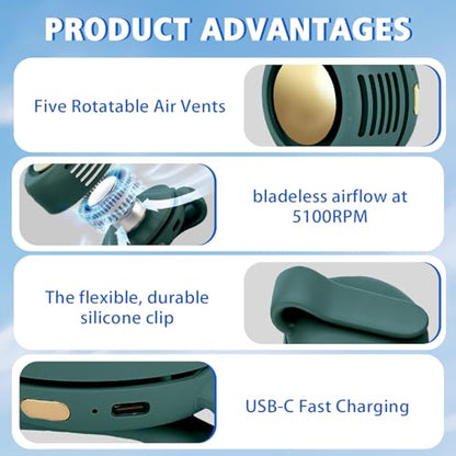 Portable Fan,2-in-1 Waist Clip On Bladeless, Ultra-Quiet Mini Personal Neck Fan 3 Speeds with 360°Adjustable Clip USB Rechargeable for Hiking,Office & Outdoor - color: Green