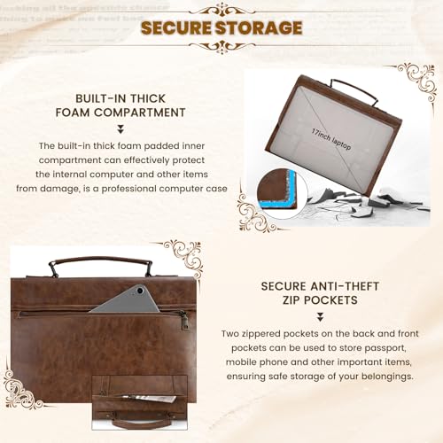 RAINSMORE Mens Messenger Bag 17 Inch Waterproof Vintage Leather Laptop Briefcase Large Computer Laptop Bag Satchel Bag Retro Shoulder Bag,Brown