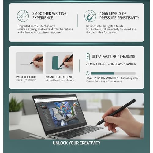 Active Pen, Stylus Pen for Touchscreen Laptop with 4096 Pressure Levels, Rechargeable Digital for Drawing and Writing with Palm Rejection (Black) - color: Black