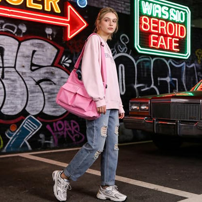 Canvas Messenger Bag Large Hobo Crossbody Bag with Multiple Pockets Casual Shoulder Tote Bag for Women and Men - color: Pink