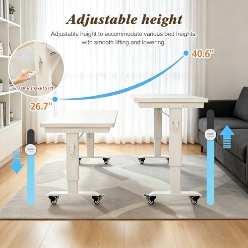 Overbed Table Adjustable Height，Overbed Table with 360° Wheels, Rolling Over The Bed Desk,Over Bed Desk with Wheels Queen, for Bedroom, Living Room, Hospital Use (White, 70.8in/180cm) - color: White, size: 70.8in/180cm