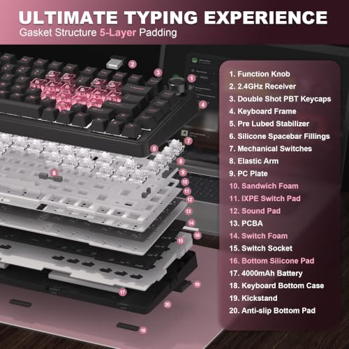 YUNZII B75 PRO Wireless Mechanical Gaming Keyboard | Custom 75% Layout with Knob,Gasket Mount,Hot Swap,Creamy Pre-lubed Switch,BT/USB-C/2.4G(Black Heart, Milk Switch) - color: Black Heart, size: Milk Switch