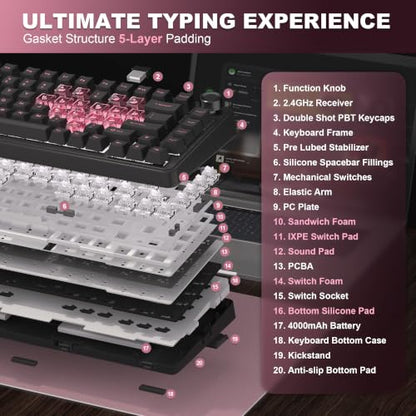 YUNZII B75 PRO Wireless Mechanical Gaming Keyboard | Custom 75% Layout with Knob,Gasket Mount,Hot Swap,Creamy Pre-lubed Switch,BT/USB-C/2.4G(Black Heart, Milk Switch) - color: Black Heart, size: Milk Switch