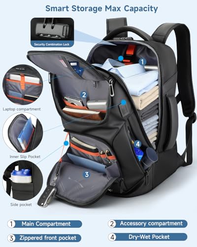 Laptop Backpack for Men, RFID Anti-Theft 16 Inch Professional Business Work Backpack with Dual Charging Ports & Dry-Wet Pocket, Ideal for Travel, Commute, College, Black