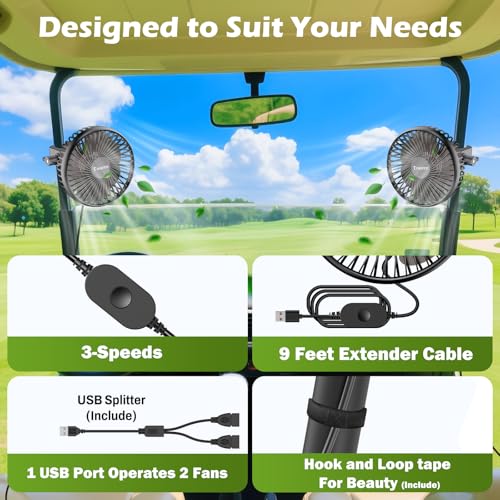 Golf Cart Fan, Portable USB Clip Fan for EZGO, Club Car, Yamaha, 3700rpm Hi-velocity and Low Noise, 3 Speed, 360° tilt, 10sec Quick Mount, Waterproof, for Travel Camping Outdoor Car Home RV