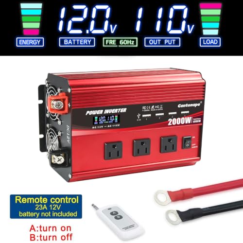 Cantonape 2000W Power Inverter 12V to 110V/120V DC to AC with LCD Display, Remote Controller 3 x AC Outlets and 4 x 3.1A USB Car Adapter for Car Truck Boat RV Solar System - size: 2000W-12V