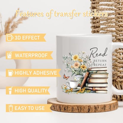 Rngmsi 20 Sheets Reading Books UV DTF Cup Wrap Cold UV DTF Transfer Sticker | Floral Waterproof Bookish UVDTF Decals, for 16 oz Glass Cups Mugs Water Bottles, DIY Crafts Book Lover - style: Reading Books