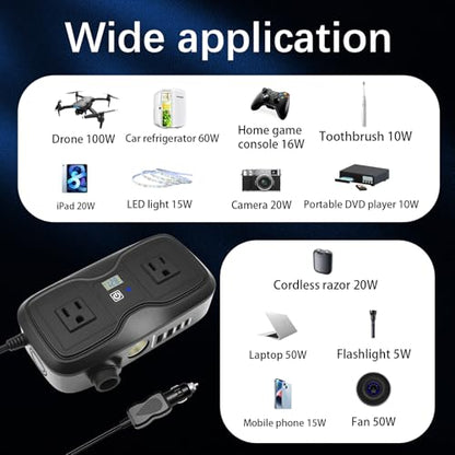 7 in 1 200W Car Power Inverter 12V DC to 110V AC with Car Charger Adapter, Dual USB 2 AC 4 USB PD 20W&QC 3.0 Outlet and Lighter Plug - Car Accessories for Trip and Camping - color: Black