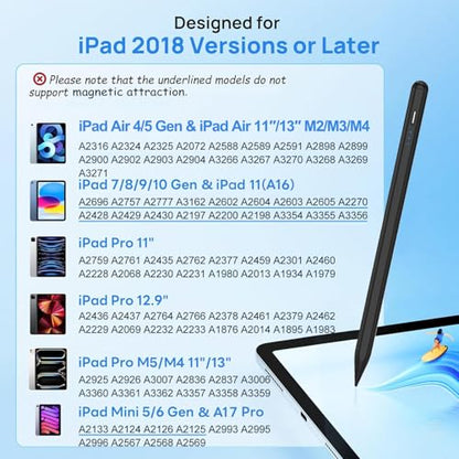 Stylus Pen for Apple iPad A16/11th 2026-2018 iPad Pencil A16/11/10/9/8/7/6,Air 11"/13" M4/M3/M2/5th-3rd,Pro 13"/11"/M4/12.9",Mini A17 Pro/6/5th Stylus Palm Rejection Tilt Sensitivity Fast Charge-Black - color: Black, size: 1pack