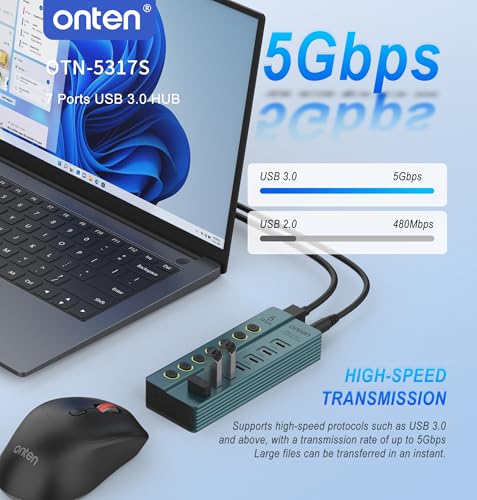 Onten 7-PortUSB 3.0 USB-C Hub, 5Gbps High - Speed Data Transfer, Independent Switches, Wide Compatibility for Laptop, Pad, Phone, Game Console