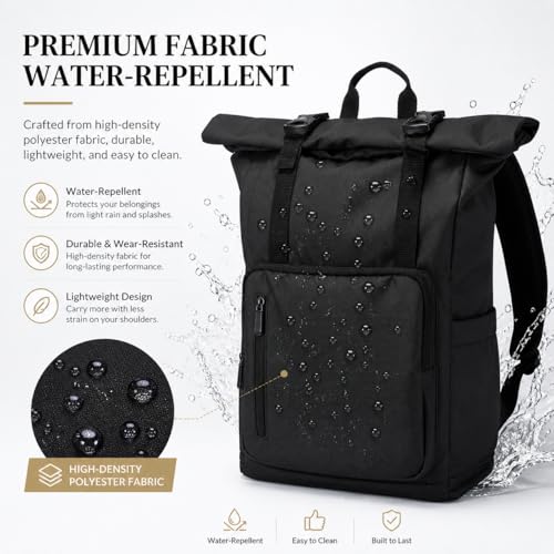 Roll Top Laptop Backpacks for Men & Women, Anti-Theft Travel Backpack Fits 15.6-17.3 Inch Laptop, Water-Resistant Durable Computer Bag for Work, College & Daily Commute (Black) - color: Black