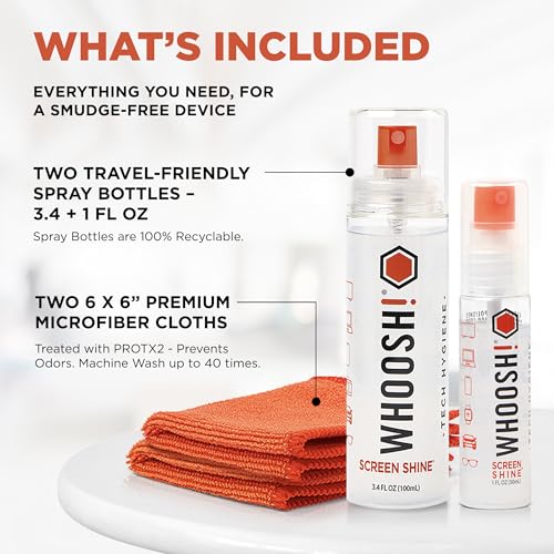 WHOOSH! Screen Shine Duo XL - Screen Cleaner Spray and Wipe for Eyeglasses, Phone & Laptop - Removes Fingerprints - Includes 3.4 oz + 1 oz Leak-Free Bottles & 2 Microfiber Cloths for Home & Travel - size: 4.4 Fl Oz (Pack of 1)