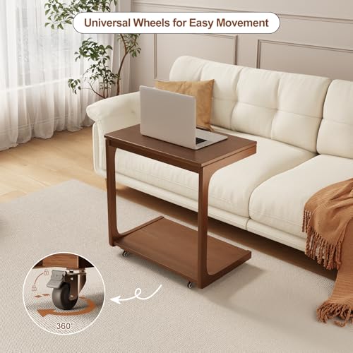 AQIMUELE Wooden C-Shaped End Table,Couch Table with Adjustable Desktop,Small Rolling Side Table with 2 Lockable Wheels 23.6" Width,Small End Table for Couch, Living Room,Bedroom (Walnut) - color: Walnut, size: 15.6"D x 23.6"W x 24.8"H, style: Modern 2 Tie