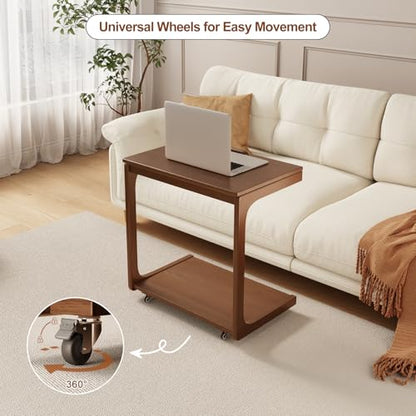 AQIMUELE Wooden C-Shaped End Table,Couch Table with Adjustable Desktop,Small Rolling Side Table with 2 Lockable Wheels 23.6" Width,Small End Table for Couch, Living Room,Bedroom (Walnut) - color: Walnut, size: 15.6"D x 23.6"W x 24.8"H, style: Modern 2 Tie