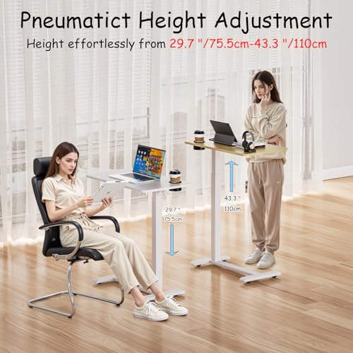 BIZUM Adjustable Hospital Bed Table on Wheels, Rolling Bedside Table White | Adjustable height 29.7-43.3in, 27.6x15.8in surface, cup holder, 22lb capacity, pneumatic lift, 4 swivel wheels - color: White