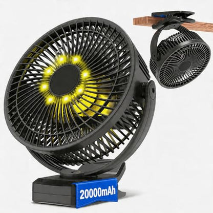 Meudeen 20000mAh Rechargeable Clip on Fan, 8 Inch Portable Fan with Timer & LED Lantern, Battery Powered Golf Cart Fan, 5 Speeds Quiet Small Desk Fan for Camping Stroller Bedroom - color: Black