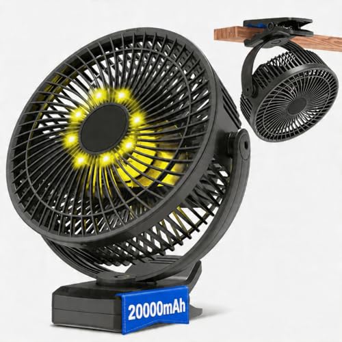 Meudeen 20000mAh Rechargeable Clip on Fan, 8 Inch Portable Fan with Timer & LED Lantern, Battery Powered Golf Cart Fan, 5 Speeds Quiet Small Desk Fan for Camping Stroller Bedroom - color: Black