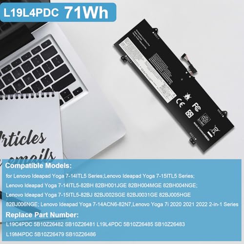 L19L4PDC L19C4PDC L19M4PDC Battery Replacement for Lenovo Ideapad Yoga 7-14ITL5 82BH 7-15ITL5 82BJ Yoga 7i (15 inch) 2 in 1 Series, 5B10Z26482 SB10Z26481 5B10Z26485 SB10Z26483 5B10Z26479 SB10Z26486 - size: 11.22*3.82*0.24inch L19L4PDC